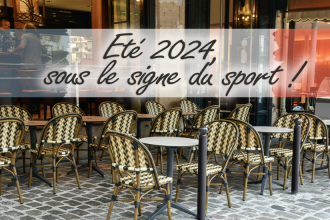 Photo de terrasse d'un café, avec du mobilier LIGNE VAUZELLE (chaises CANDICE). Titre: été 2024, sous le signe du sport !